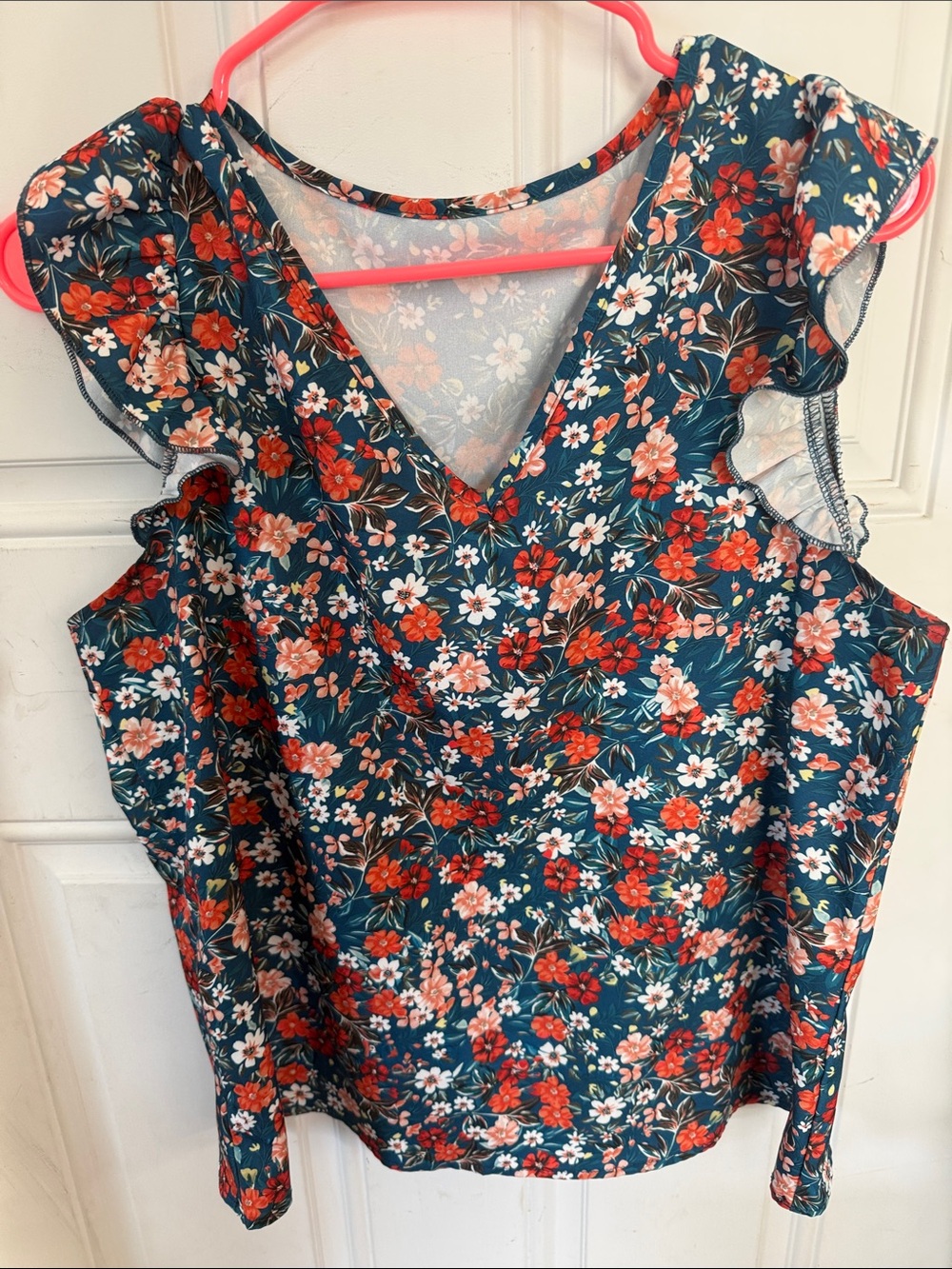 SHEIN Teal Floral V-Neck Ruffle Sleeve Blouse